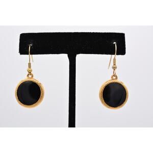Anne Klein Vintage Earrings Dangle Black Glass Inlay Gold AK Signed 1980s BinAR